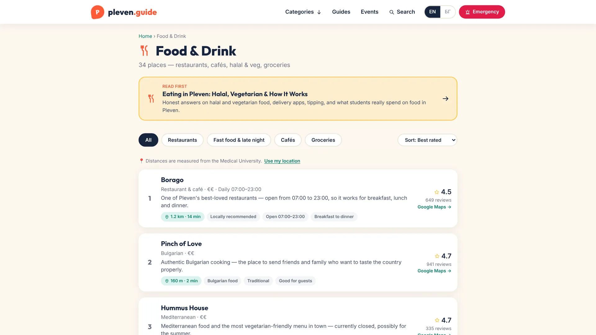 Category pages — ranked by a weighted score, filterable, and sortable by distance from the university or your own location.