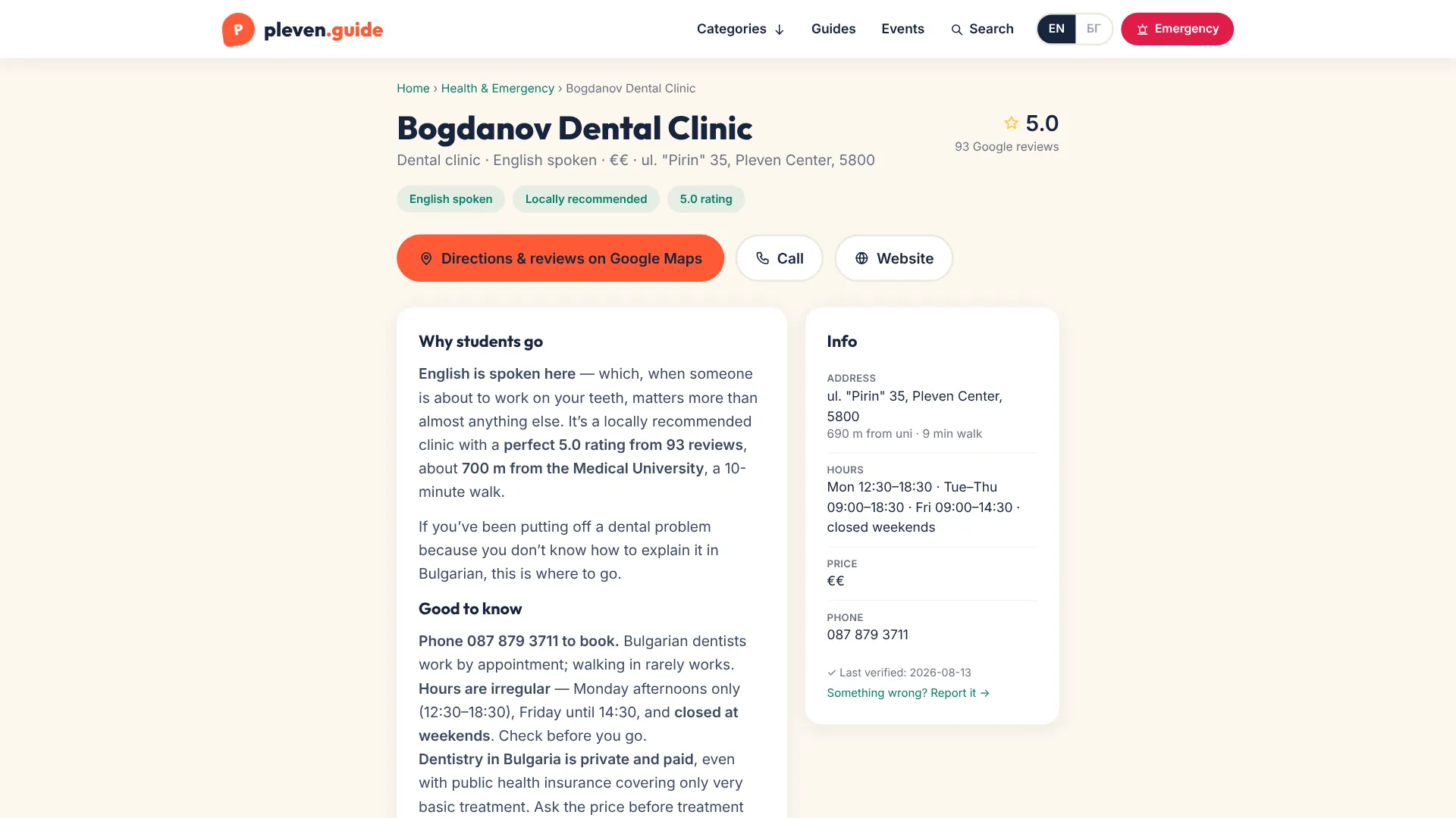 Place pages — the practical details a student needs, with directions, opening hours, and a last-verified date.